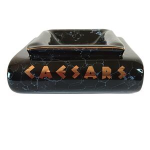 Vintage Ceasers Ashtray Black Ceramic Faux Marble Gold Trim & Lettering Catchall